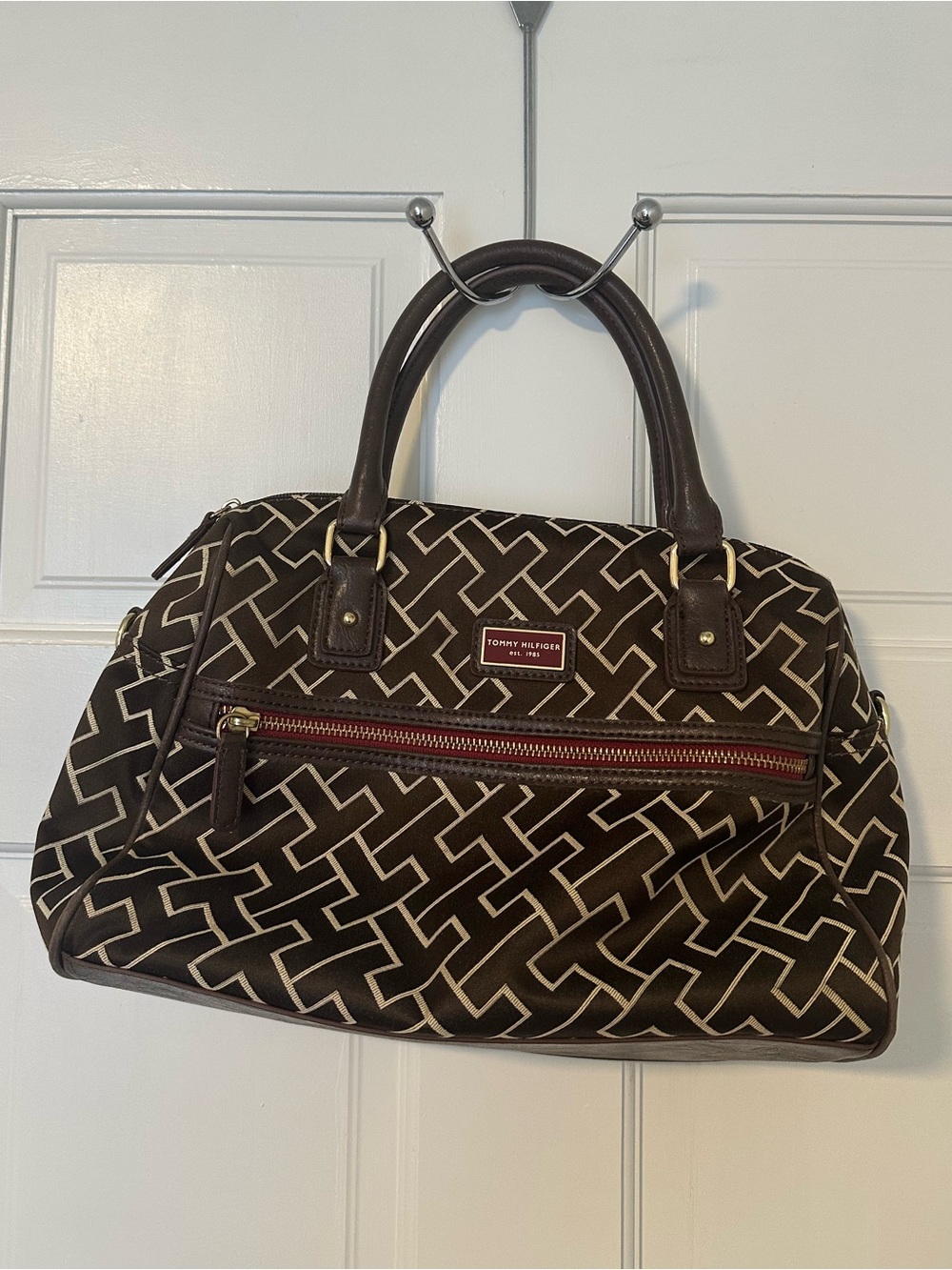 Tommy Hilfiger Brown and Cream Geo-Print Satchel